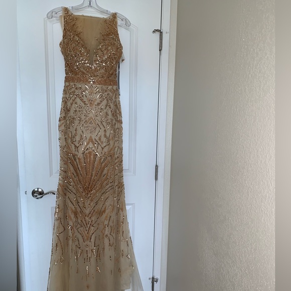 GOLD PROM GOWN DRES WITH DETACHABLE SKIRT EMBELLISHED MERMAID - Picture 7 of 13